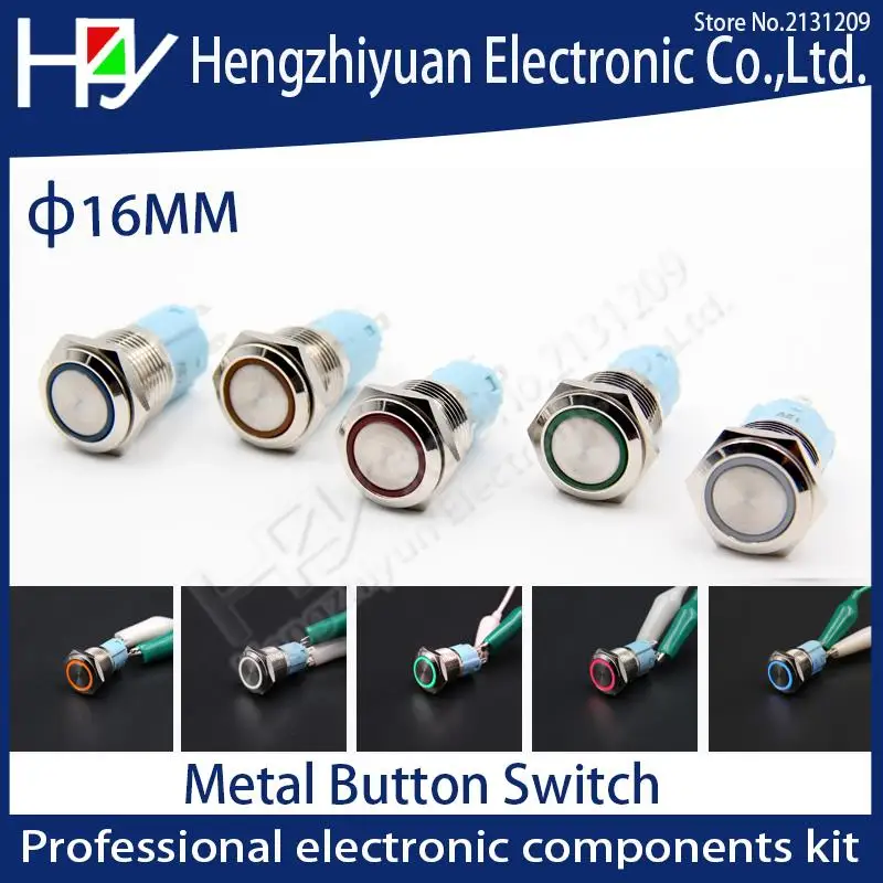 

Hzy 16mm red blue yellow green white Light Car Auto Metal LED Power Push Button Switch Latching Type On-off 3V 5V 12V 24V 220V