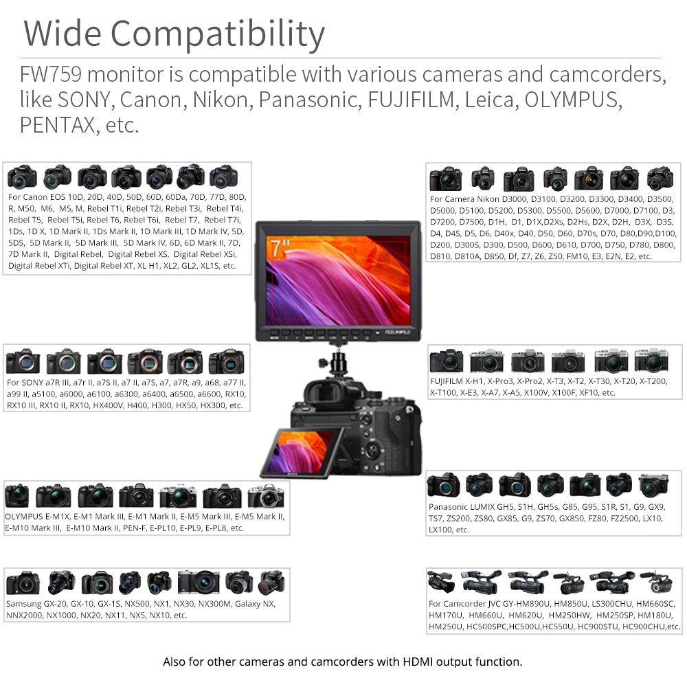 Камера FEELWORLD FW759 7 дюймовый IPS HD DSLR монитор 4K HDMI 1280x800 ЖК дисплей видео помощник для