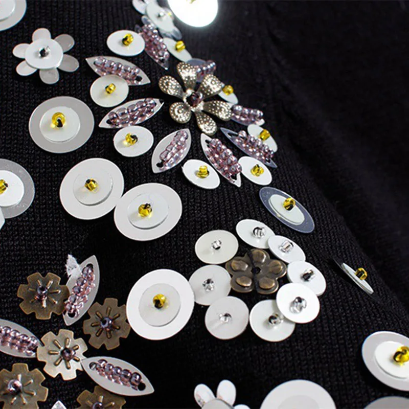 2021 Womens Sweater Long Sleeve Whit Hand-made Beading Chic Turtleneck Sweaters Black Ladies Elegant Pullovers Winter Tops | Женская