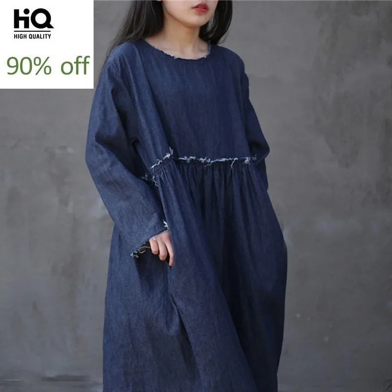 Весна 2020 Харадзюку винтажные Женские однотонные синие джинсовые платья с