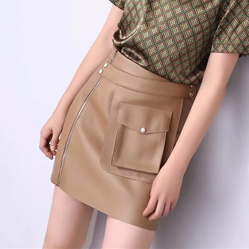 Leather skirt female a-line skirt genuine leather 2023early autumn pocket design high waist sheepskin leather skirt All match