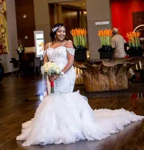 Plus Size 2021  Mermaid Wedding Dresses with Crystal Pearls Ruffle Long Train Spaghetti Straps African Bridal Wedding Gowns