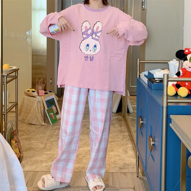 

Cute Cartoon Pajamas Women High Quality Soft Cotton Pyjamas Female Mujer Pajama Set Pink Rabbit Sleepwear Loose Home Clothes