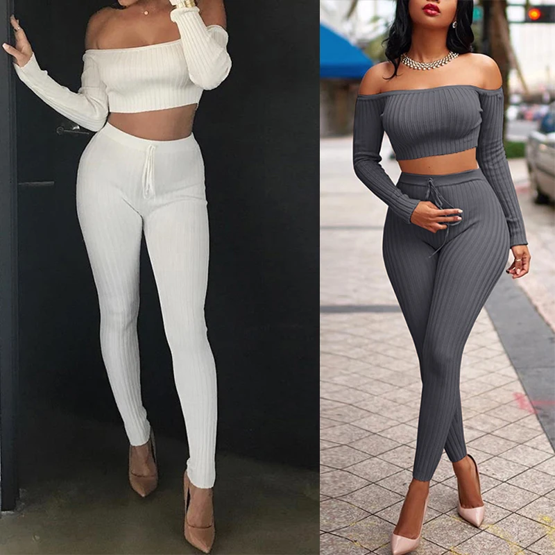

2022 Winter Women Casual Off Shoulder Two Piece Suit Set Homewear Solid Color Long Sleeve Tops With Skinny Pants Set