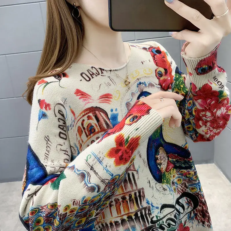 

Peacock Pattern Pullover Sweater For Women 2020 Autumn And Winter New Ethnic Print Knitwear