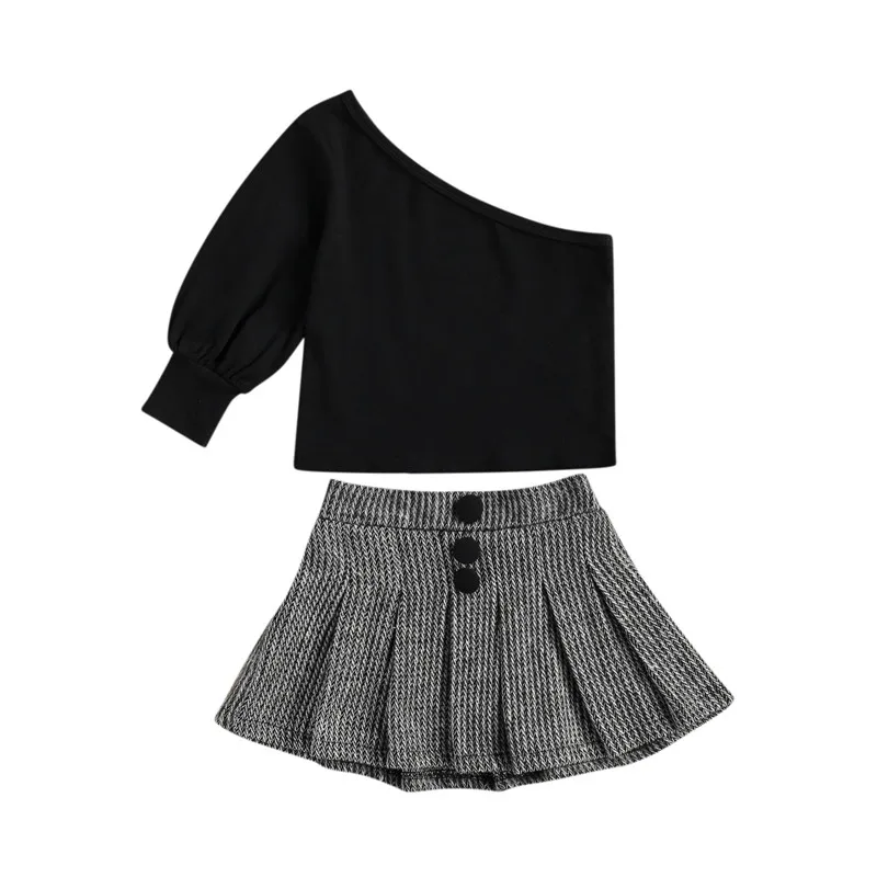 

Toddler Kid Girls Casual 2 Pcs Clothes Sets Black Oblique Shoulder Shirts Tops with High Waist Buttons Pleated Skirts 1-6Y
