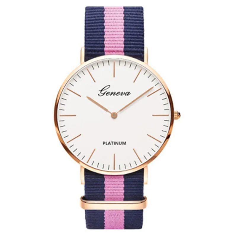 Женева нейлоновый холщовый Цвет ремешок часы для мужчин и женщин розовый белый