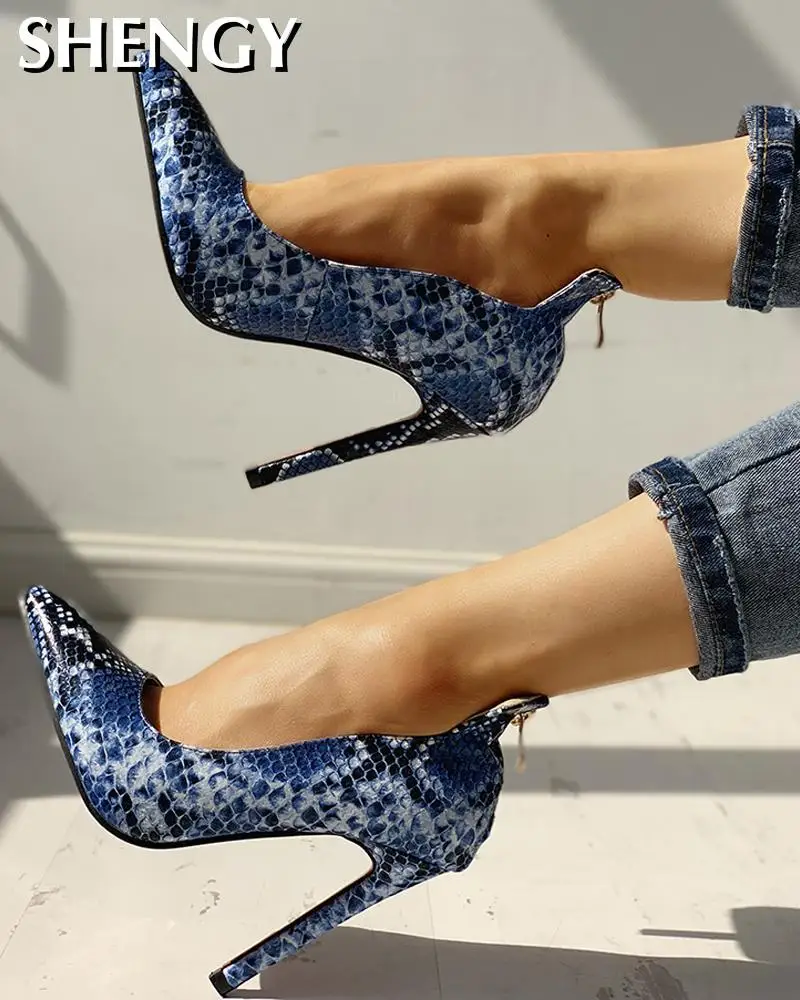 

2020 Women High Heel Shoes Pointed Toe Snakeskin Print Thin Heels Shoes Ladies Leather Business Shoes Pumps Office