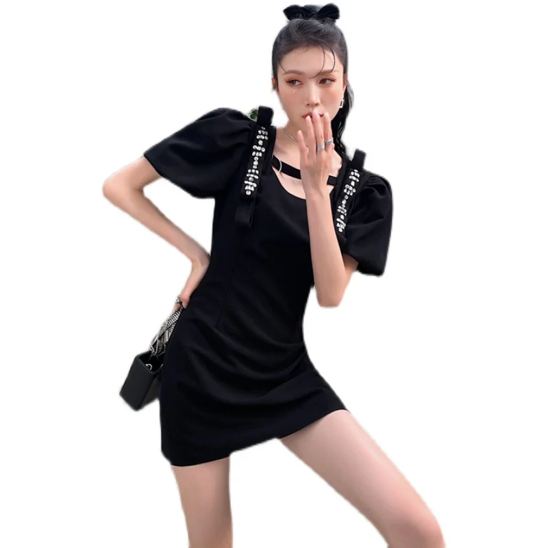 

Korejepo Dresses for Women 2021 Spring Summer New Beaded Bubble Sleeve Dress Female French Temperament Slim Black Dress