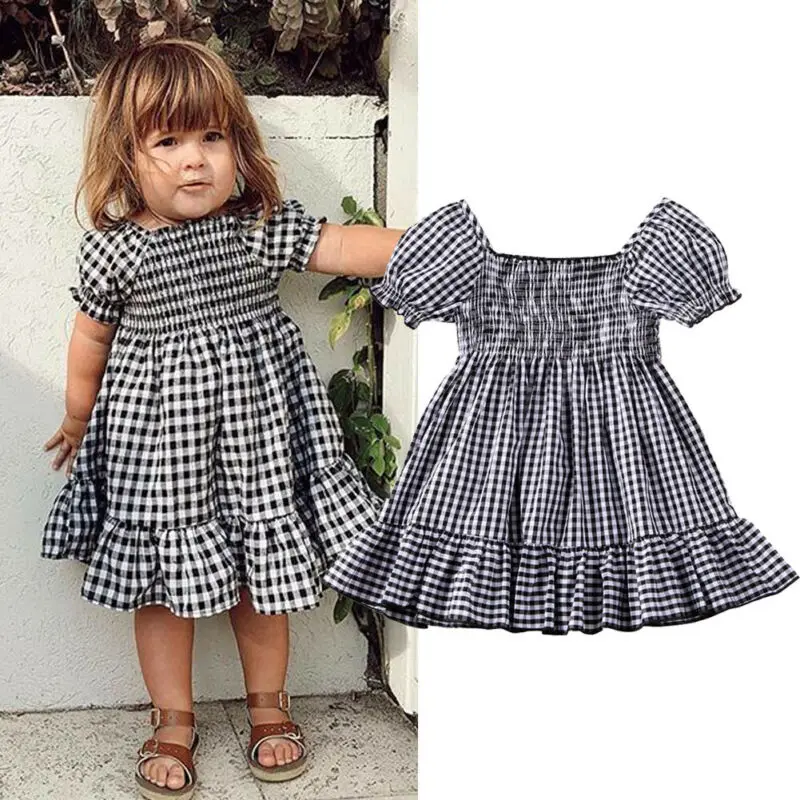 

1-5T Toddler Kids Baby Girls Dress Summer Clothes Plaid Short Puff Sleeve Off Shoulder Ruffle A-line Dress Lovely Clothes