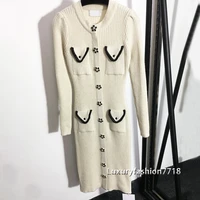 high end fashion women new style clothes diamond studded flower button long sleeve bright silk blended high waist knitted dress