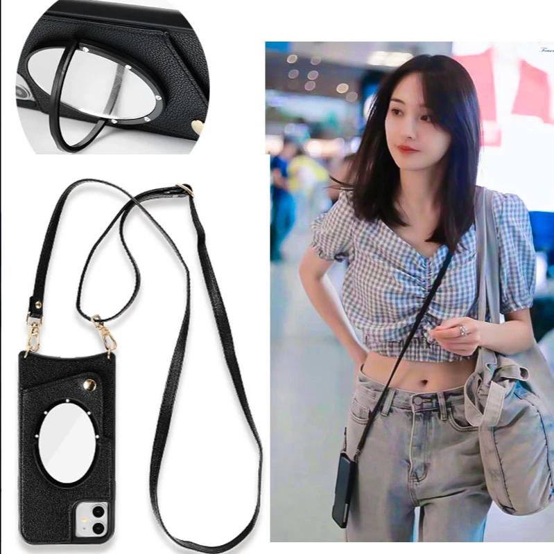 

Crossbody Phone Case And Credit Card Wallet For Iphone 12 11 Pro Xs Max XR X 8 7 6s Plus Black Leather Cover Strap Mirror Holder