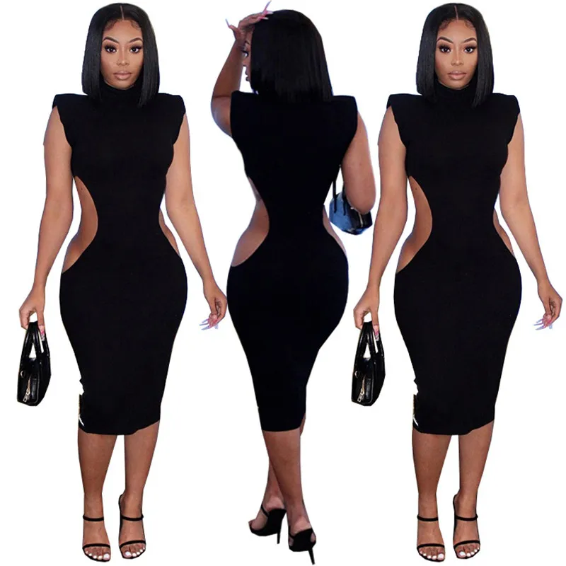 

SKMY Womens Clothes New Arrival 2021 Hollow Out Ruffle Sleeveless Sexy Club Outfits Solid Color Black Bodycon Midi Dress Party