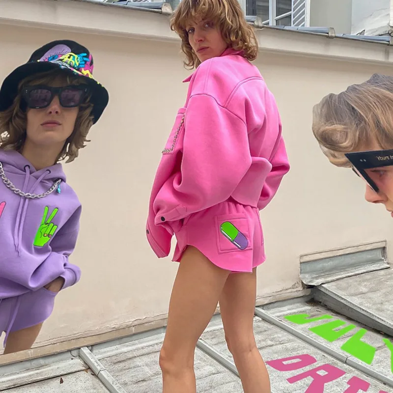 

Two piece set of rivets and buttons, velvet jacket, Stretch Shorts, pink, autumn and spring, 2021, mk750