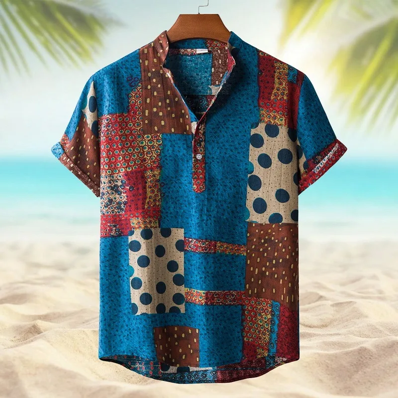 

Summer Linen Short Sleeve Shirt 2021 Men Floral Baggy Casual Hawaii Holiday Beach Shirt Tee Tops Buttons Blouse National Style