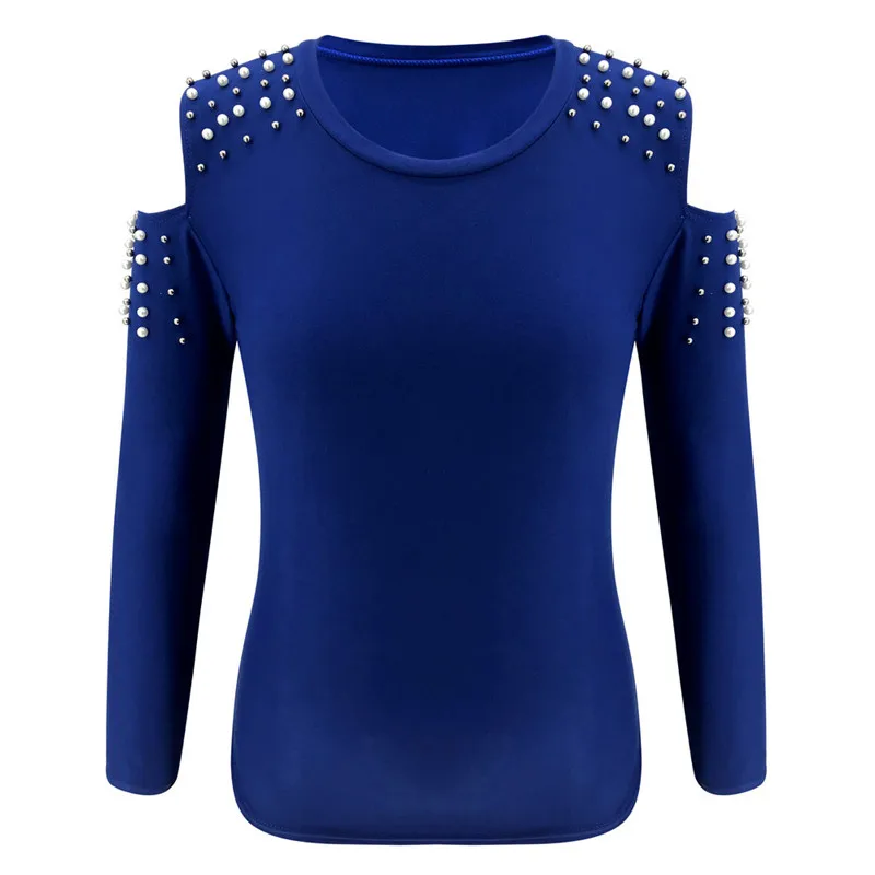 

Fall Women 2 Piece Sets Hollow Out Beading Decor Off Shoulder O-Neck Long Sleeve Solid Tops+Elastic Waist Slim Pencil Long Pants