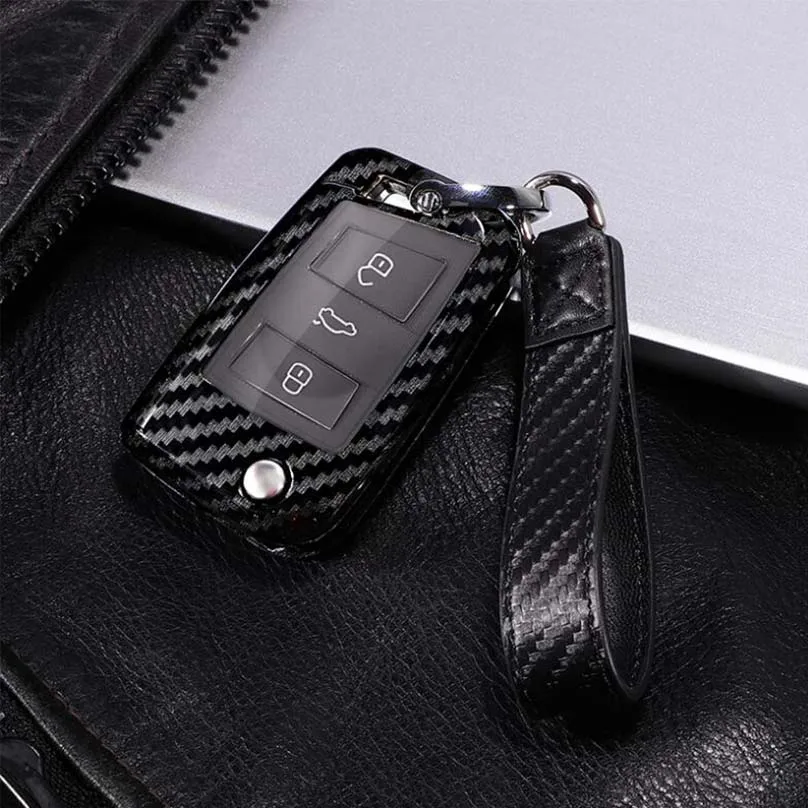 1Pc Carbon Fiber Look Car Key Chain Case fob Cover Shell For Skoda Octavia A5 Fabia Volkswagen Polo Golf Passat Ibiza Leon | Автомобили и