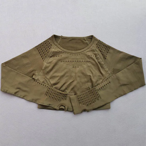 Army green top Женский бесшовный Набор для йоги, одежда для тренировок, Топ с длинным рукавом для фитнеса+ леггинсы с высокой талией, леггинсы, 2 предмета, спортивные костюмы - Цвет: Army green top