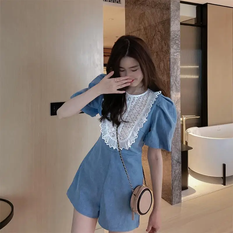 

Women 2021 Summer Lace Patchwork Rompers Female Short Sleeves Casual Overalls Ladies Loose Chic Wide Leg Pants Playsuits U161
