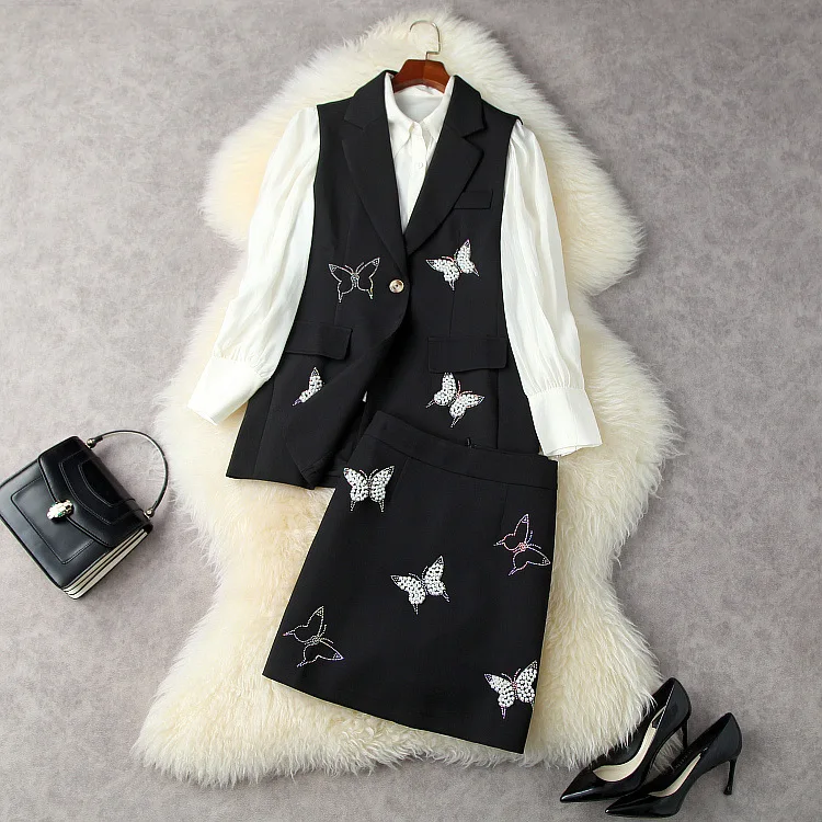 

European and American women's autumn 2021 new Long sleeve shirt Beaded and ironed diamond butterfly vest skirts Fashion suit