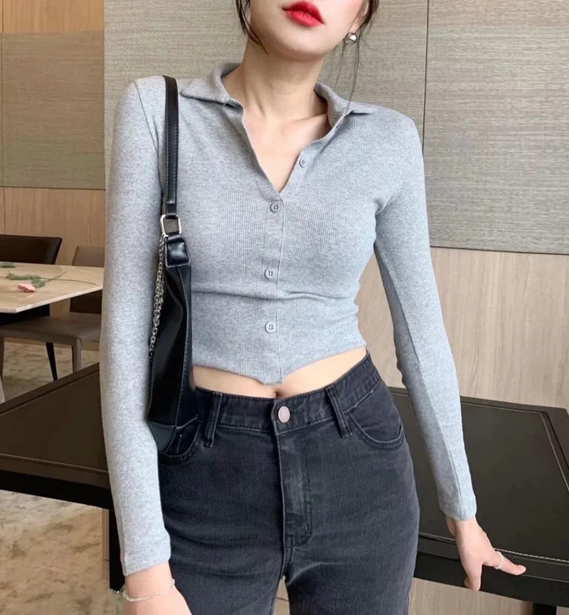 Женская облегающая Укороченная рубашка-поло с длинными рукавами и