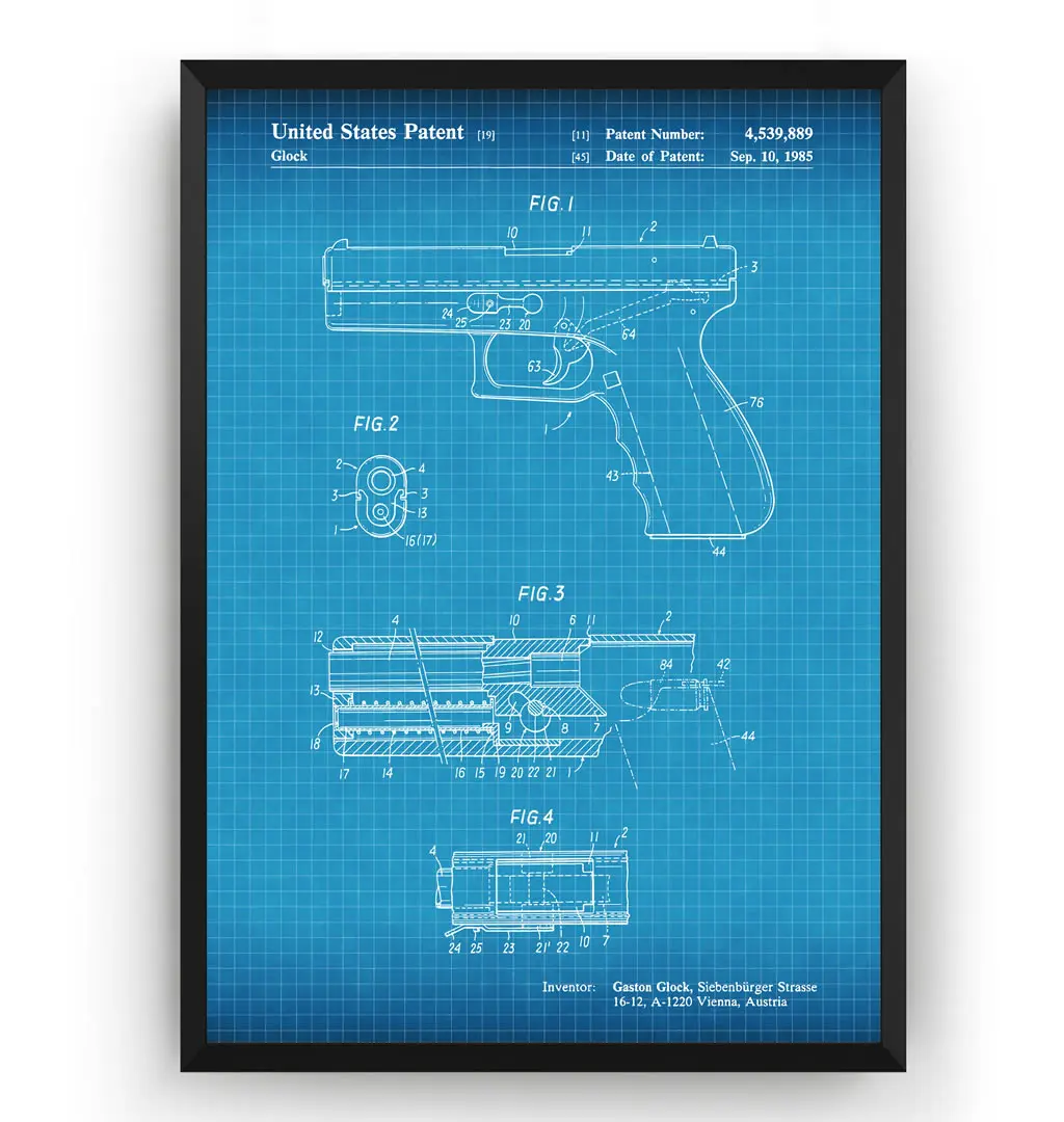 Винтажный патентный пистолет Glock 1985 настенный военный каркас плакат холст печать