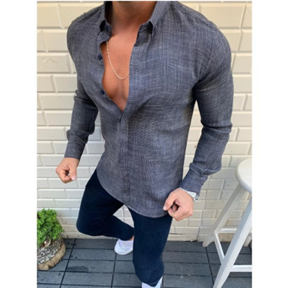 

Men Solid Long Sleeve Cotton Blend Button Down Shirts for Autumn