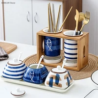 japanese style striped sugar bowl ceramic seasoning pot household salt shaker kitchen seasoning box oil bottle chopstick holder