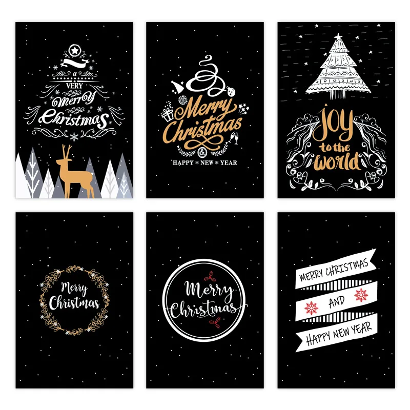 

6pcs Gold Stamping Black Christmas Cards With Envelop Merry Christmas Greeting Cards Birthday Postcard New Year Gift Decor
