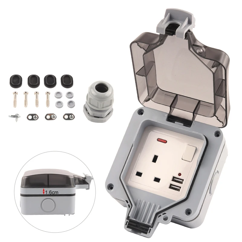 

IP66 3A Weatherproof Waterproof Outdoor White Wall Power Socket UK Standard With usb Outlet Grounded For Workshop Home Garden