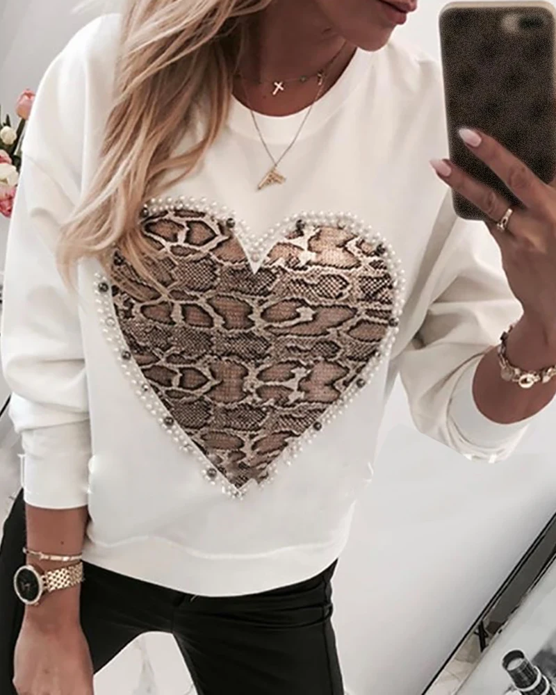 Women Sequins Lips Print Fashionable Sweatshirt Autumn Leopard Long Sleeve Beading Hoodie Lady O-neck Kawaii Sweatshirt Hoodies