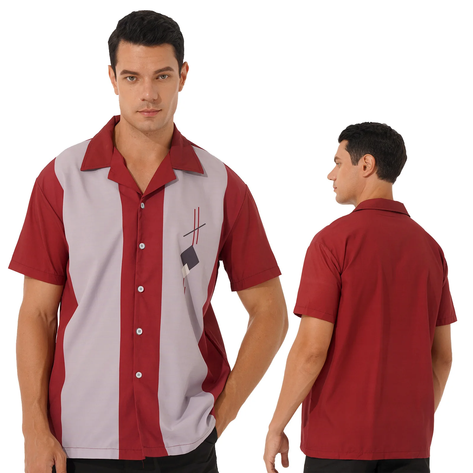 Mens Casual Bowling Shirt Fashion Loose Color Block Button Down Short Sleeves Turn-Down Collar Cuban Style Fifties Camp Shirt