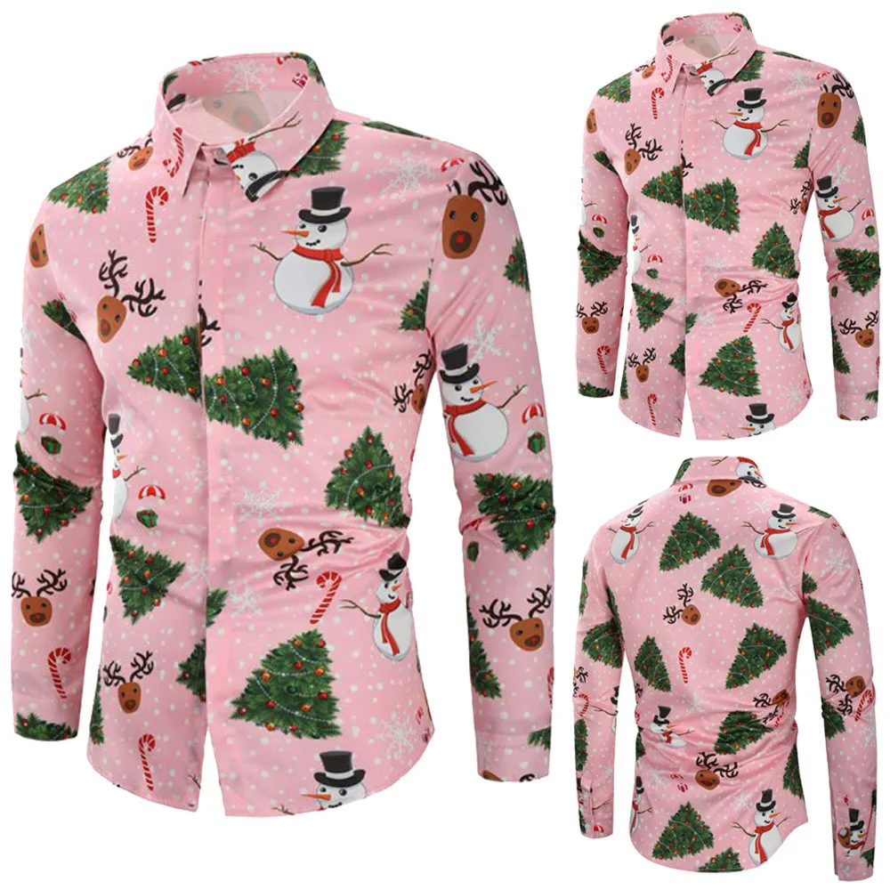 Snowflake Flower Printed Men Shirt Casual Snowmen Santa Claus Elk Print Christmas Shirts Top Blouse Chemise Homme Streetshirt