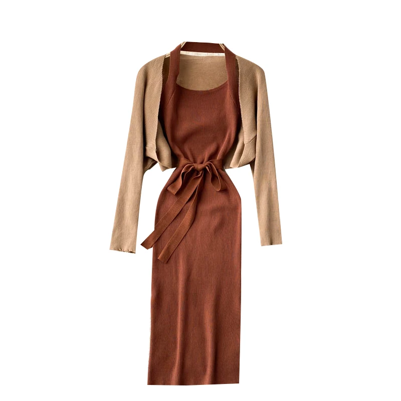 

WIGADFHK 2021Autumn Ladies Sexy Knitted Halterneck Dress Office Ladies Sleeveless Split Sling Elegant Dress Send Cardigan Shawl
