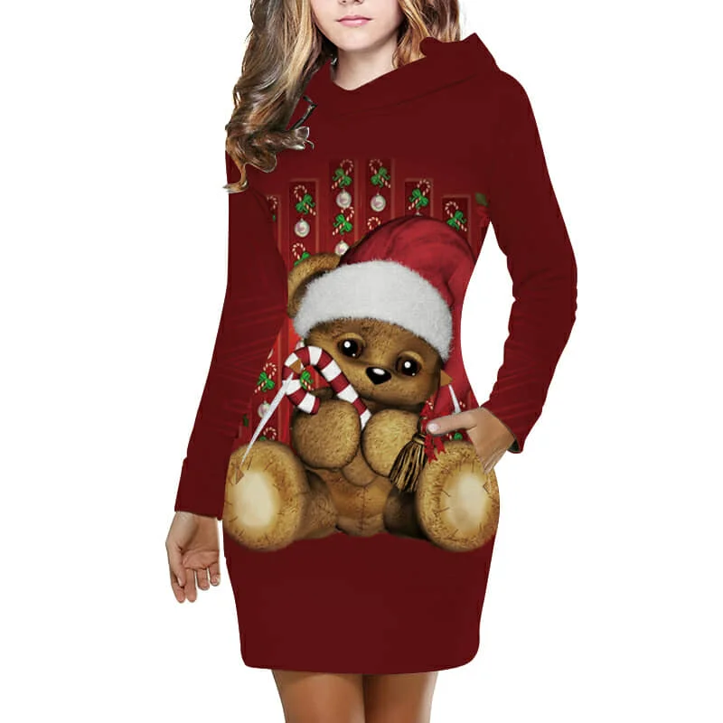Рождественское зимнее платье с принтом женское элегантное вечернее капюшоном и