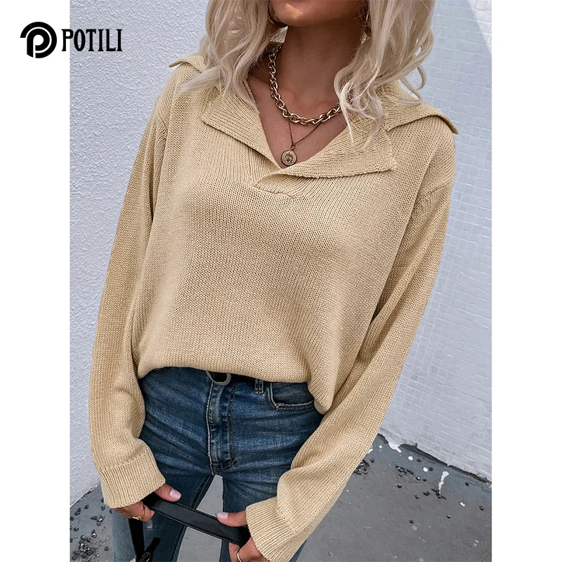 

Трикотажные теплые свитера POTILI на осень и зиму, базовые женские пуловеры с отложным воротником 2021, однотонные Дешевые топы, уличная одежда