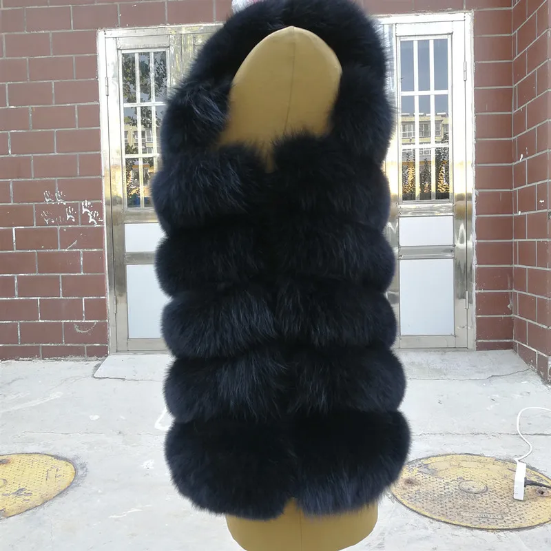 Женский жилет из натурального Лисьего меха синий теплый длинный без рукавов