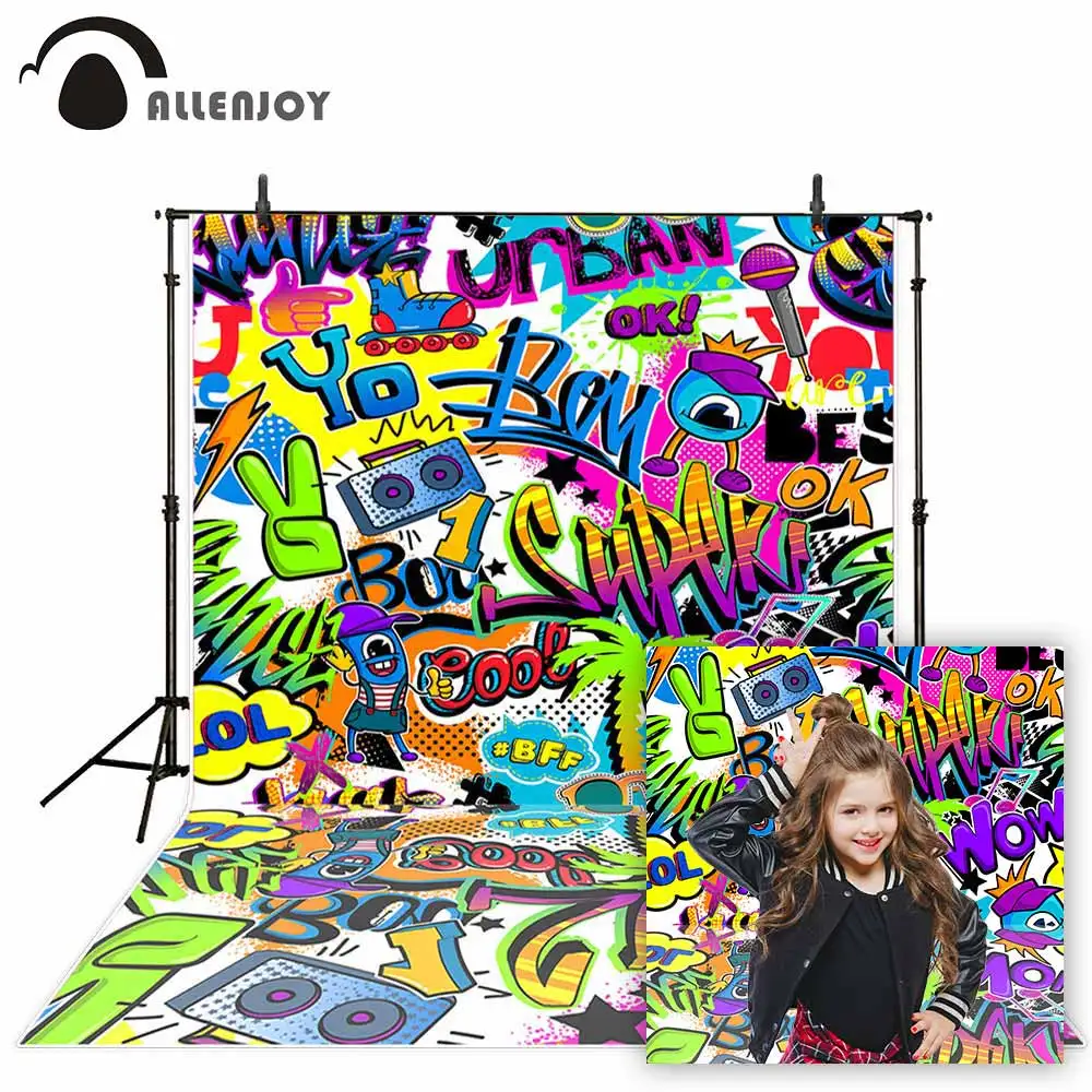 Фон для детской фотосъемки с изображением комиксов пальмы рок-н-ролла облаков