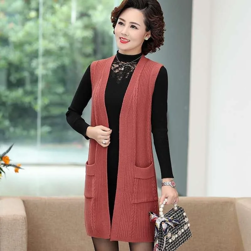 

2021 Spring Autumn Women Korean Sleeveless Cardigan Sweater Vest V-neck Double Pocket Solid Mid-length Waistcoat M-4XL Y668