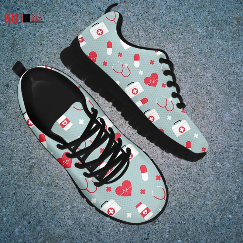 

KUILIU Medical Heart Beat Brand Design Women Lace Up Sneakers Youth Casual Mesh Shoes Cute Nursing Pattern Walking Footwear
