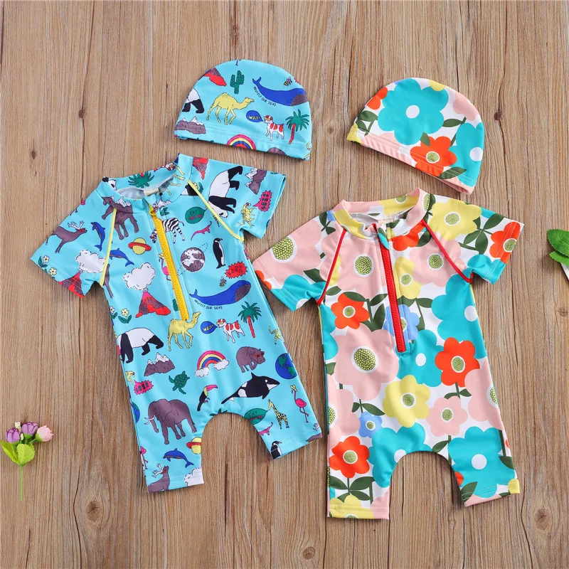 

Children Two-pieces Swimming Clothes Set, Printing Round Collar Short Sleeve Bodysuit + Swimming Cap Blue/ Green Yellow Jumpsuit