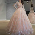 2020 блестящие розовые платья для Quinceanera, кружевное бальное платье с блестками, платья для выпускного вечера, милое официальное длинное платье с круглым вырезом и длинным рукавом, 16