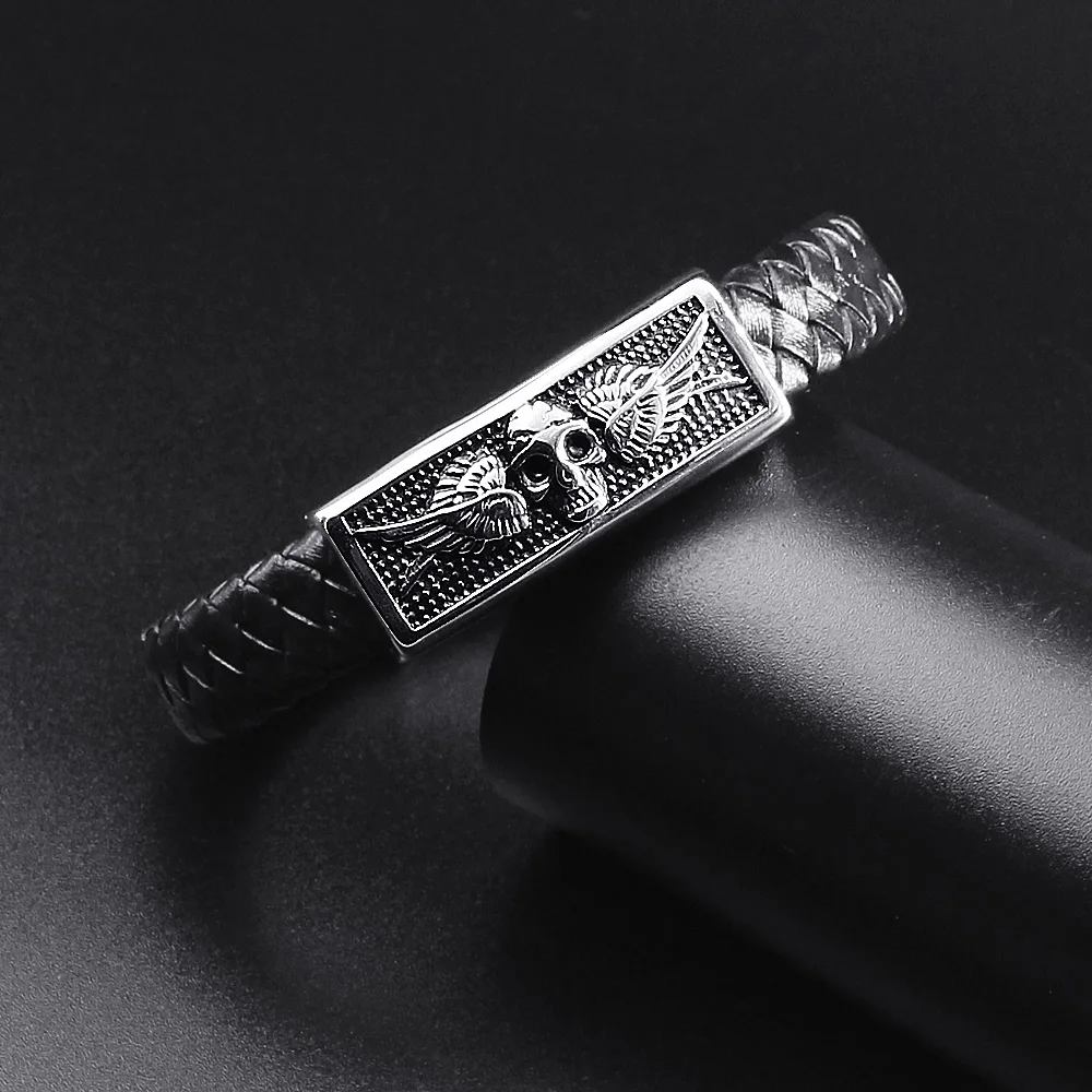 FIREBROS Magnetic Stainless Steel Angel Wing Skull Charm Genuine Leather Bracelet Chunky Exaggerated Men Retro Punk Jewelry Gift | Украшения