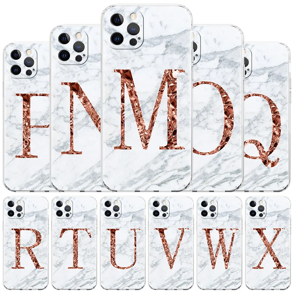 

Letter R Q white marble Case For Apple iPhone 13 11 12 Pro 7 XR X XS Max 8 6 6S Plus 11Pro Transparent Soft Phone Covers Shell