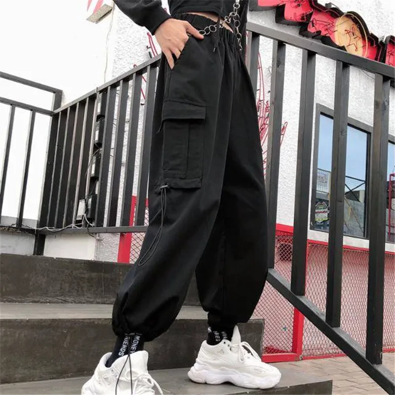 

Black Cool Pants Woman Summer Hip Hop Cargo Pants Casual Loose Sweatpants Streetwear Spring High Street Pants With Pocket Girl