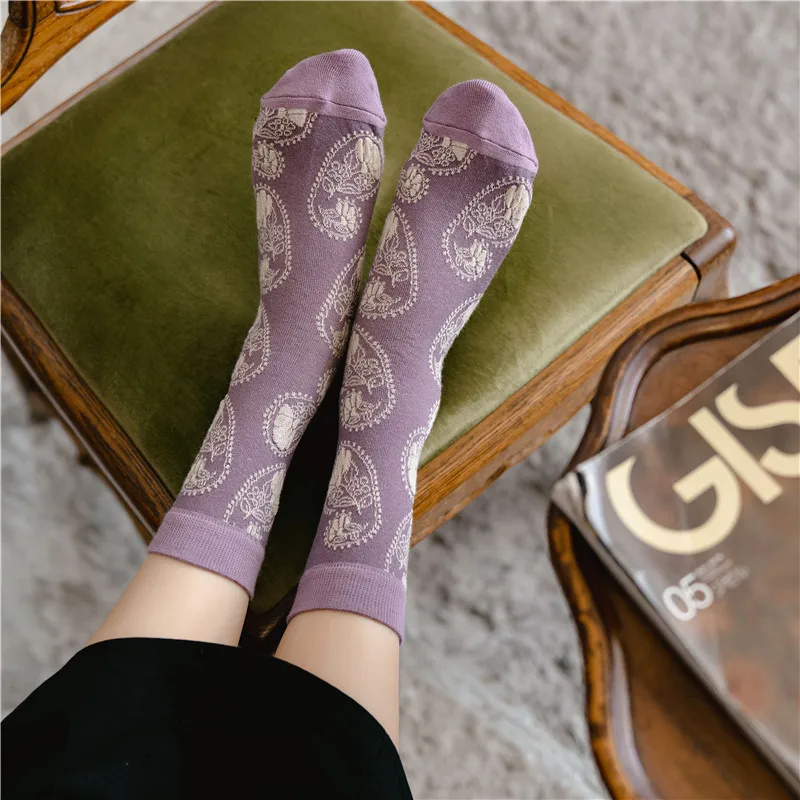 Фиолетовые носки женские с цветочной вышивкой в стиле Харадзюку ретро уличная