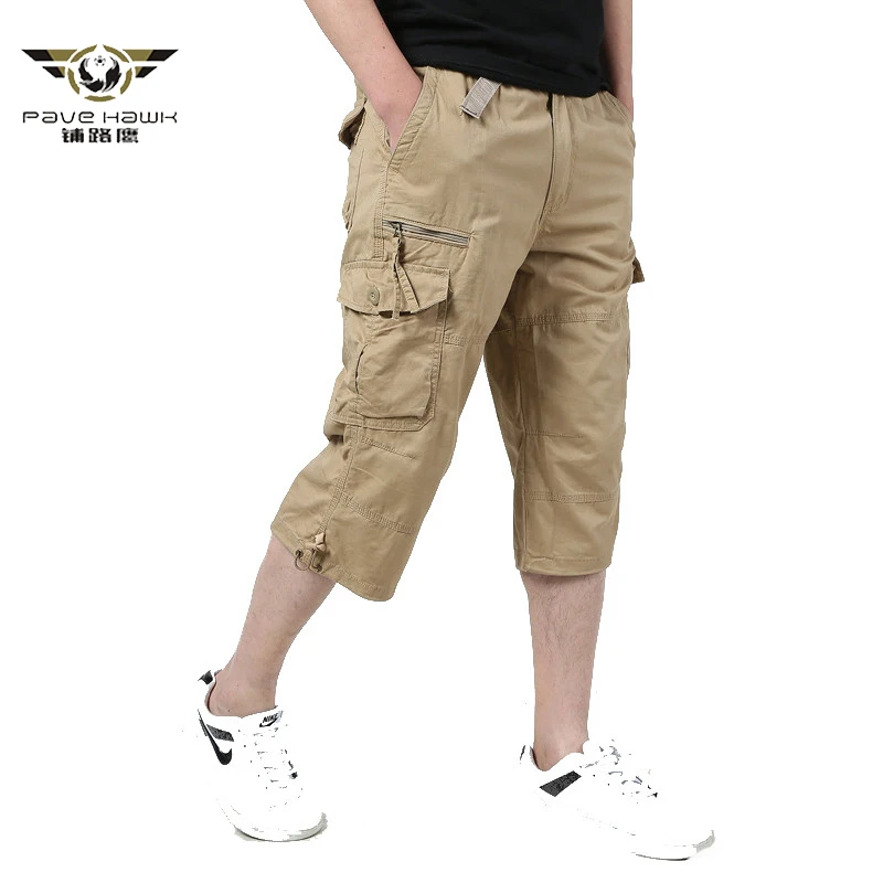 

Long Length Cargo Shorts Mens Knee Multi Pocket Casual Cotton Elastic Waist Bermudas Male Military Style Hot breeches