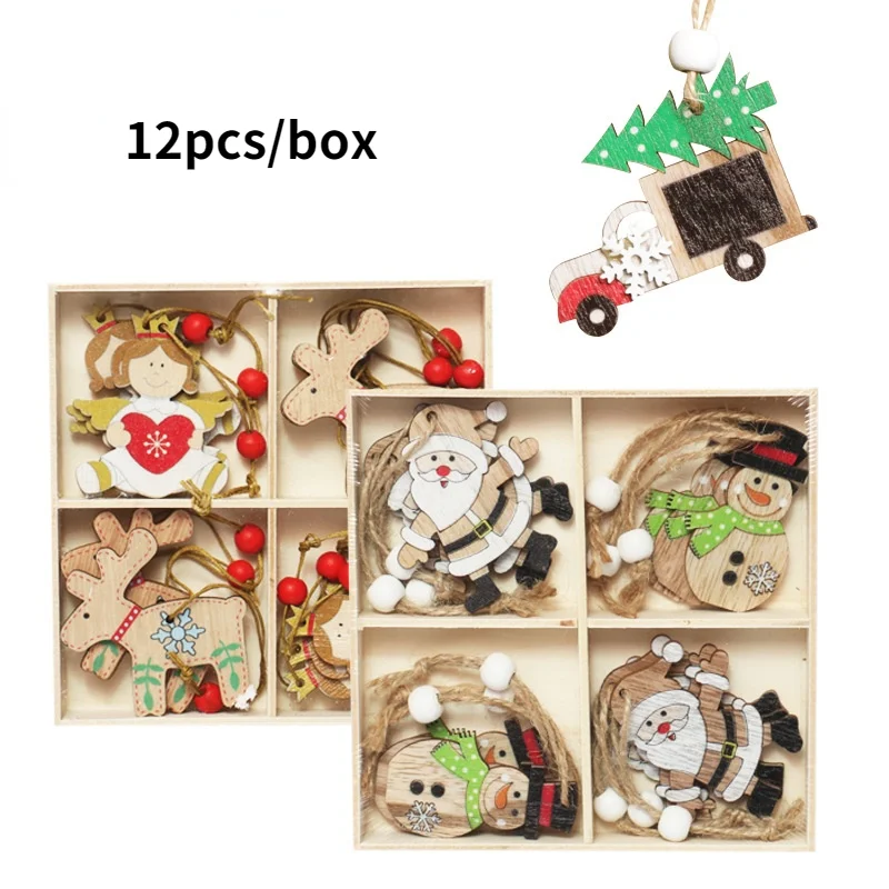 

12pcs/box Christmas Wooden Pendant Painted Owl Santa Snowman Angel Christmas Decorations for Home Navidad 2021 New Year 2022