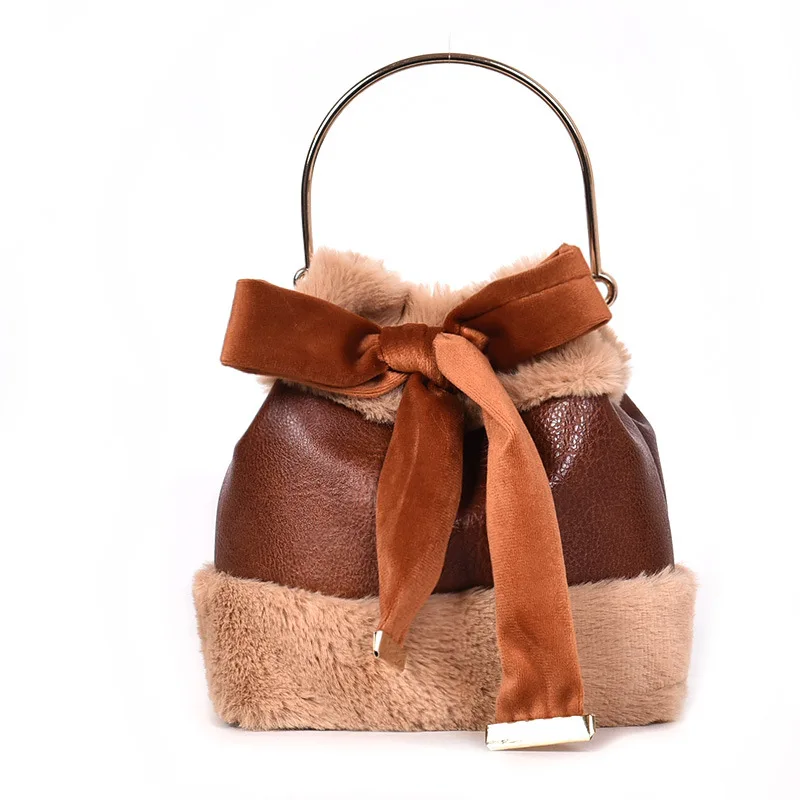 

Vintage Fashion Female Tote Bucket Bag 2019 Winter New PU Leather Elegant Women Bowknot Handbag Plush Shoulder Messenger bags