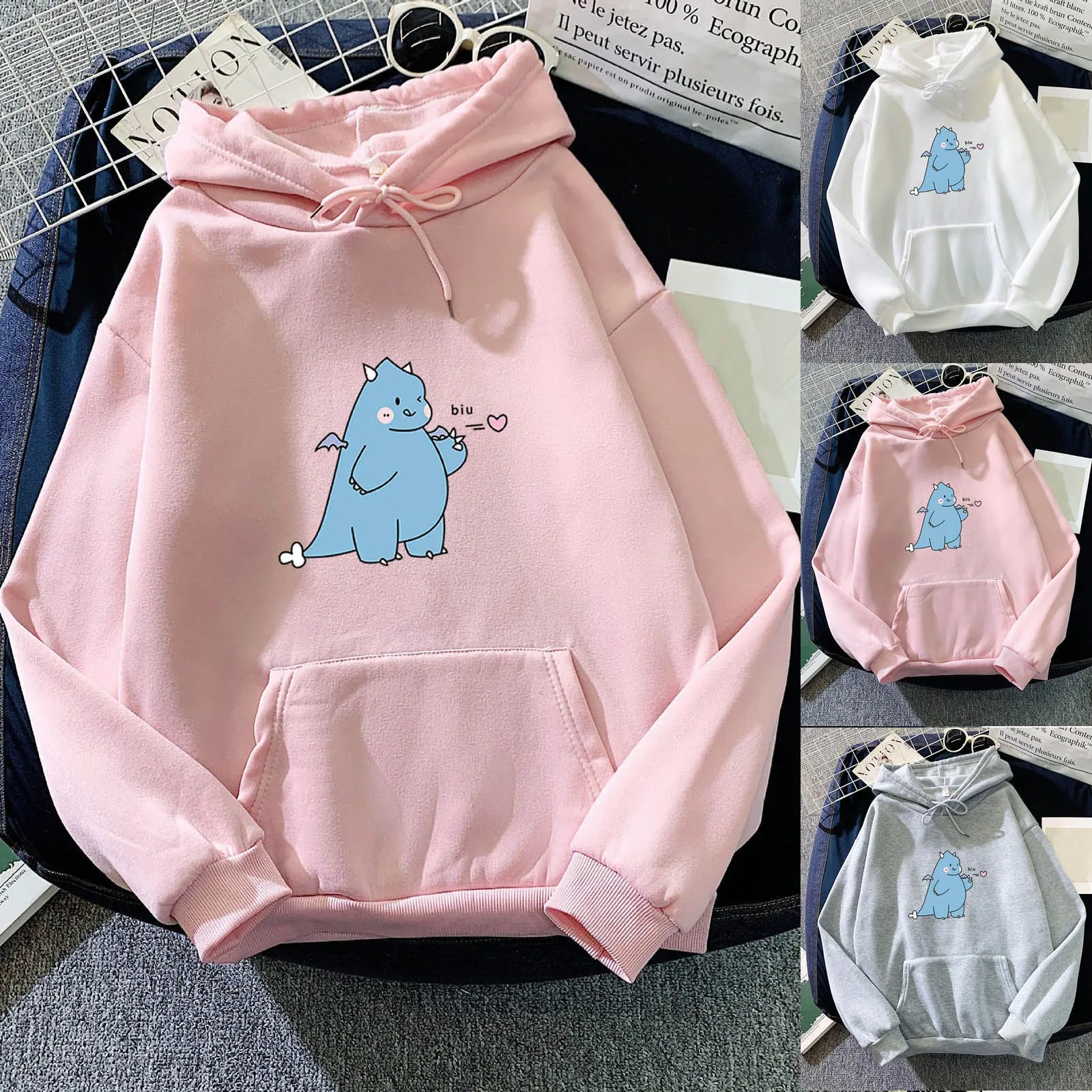 

Женские толстовки с мультяшным динозавром, свободная толстовка с капюшоном в стиле Харадзюку, хип-хоп, с карманами, на шнурке, повседневные ...